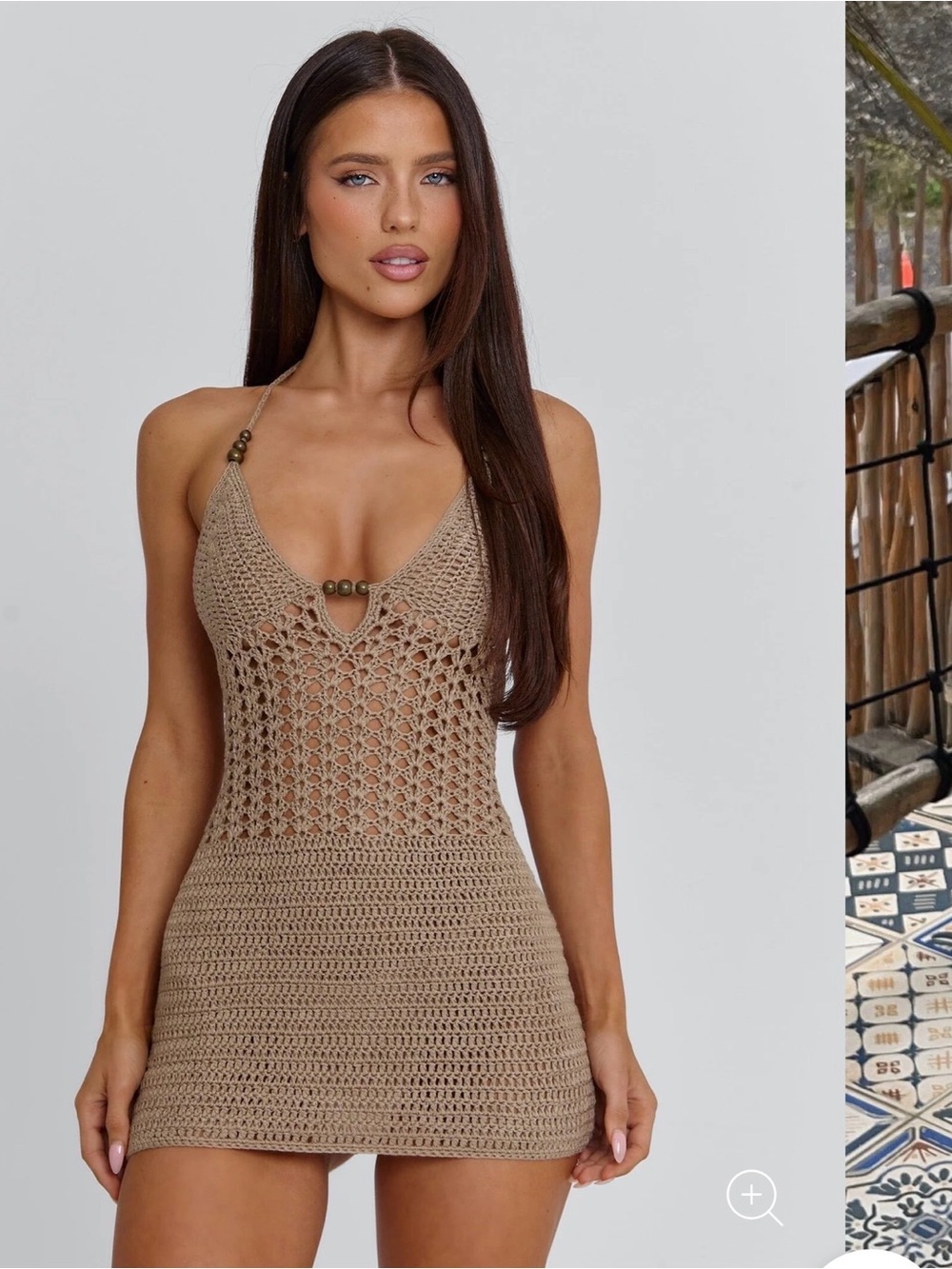 Crochet Halter Swim Coverup Dress in Taupe